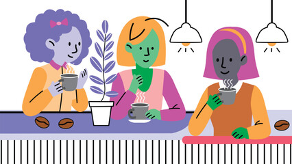 Three friends enjoying coffee together in cozy cafe illustration