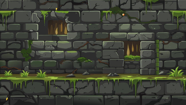 Seamless cartoon stone wall background featuring dark, moss-covered bricks and broken sections with sharp teeth visible. A side-scrolling game asset for dungeon, cave, or swamp levels.