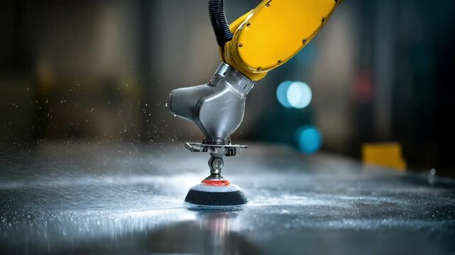 Medium shot of a robotic arm gently polishing a metal surface with a rotary buffer ensuring a consistent highgloss finish under precise machine control.