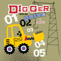 Yellow digger construction vehicle working on project illustration