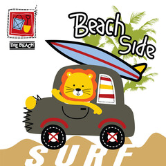 Cute lion driving car with surfboard to beach illustration