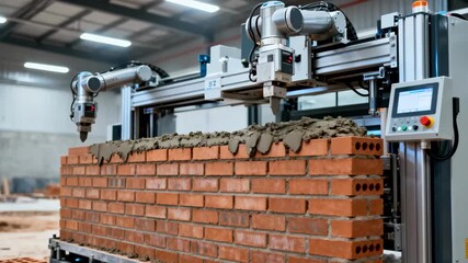 Medium shot of an automated bricklaying machine constructing a residential wall with robotic precision showcasing advanced technology in home building efficiency.