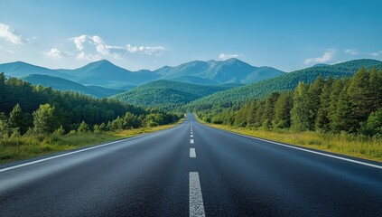 Fototapeta premium A scenic road stretches through lush green mountains and trees under a bright blue sky, inviting exploration and adventure.