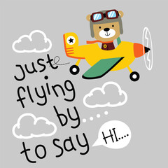 Cute bear flying airplane through clouds cartoon illustration