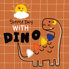 Smiling dinosaur under sunny sky cute cartoon illustration