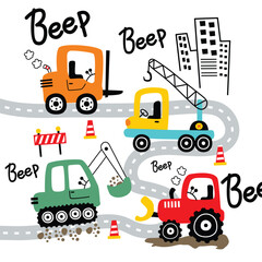 Colorful construction vehicles on city road cartoon illustration