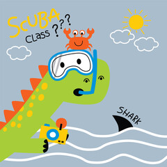 Cute dinosaur scuba diving with crab and shark illustration