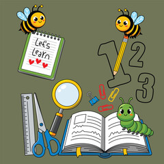 Cute learning education illustration with bee caterpillar and school supplies