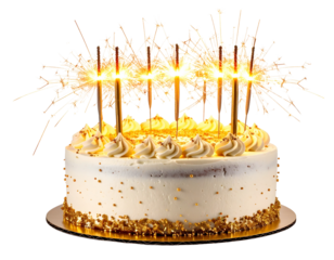  Birthday cake with sparkler candles creating golden glow, isolated on a transparent background, PNG