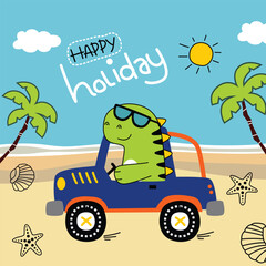 Happy dinosaur driving car on tropical summer holiday beach illustration