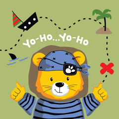 Cute lion pirate with treasure map and ship illustration for kids