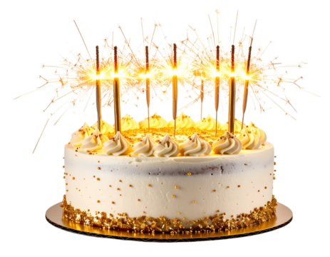  Birthday cake with sparkler candles creating golden glow, isolated on a transparent background, PNG - Powered by Adobe
