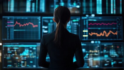 A person analyzes data on multiple screens filled with graphs and charts, showcasing a high-tech environment focused on financial trends.