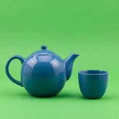 A simple, modern blue teapot and matching cup set placed on a vibrant green background for a clean and minimalist aesthetic