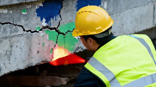 Medium shot of inspector pointing an infrared leak detector at a building foundation to reveal moisture loss and structural damage