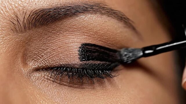Close Up Of A Woman Applying Black Mascara To Her Eyelashes Creating A Dramatic Effect With Soft Warm Lighting