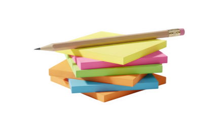 A stack of colorful sticky notes with a pencil on top isolated on transparent background