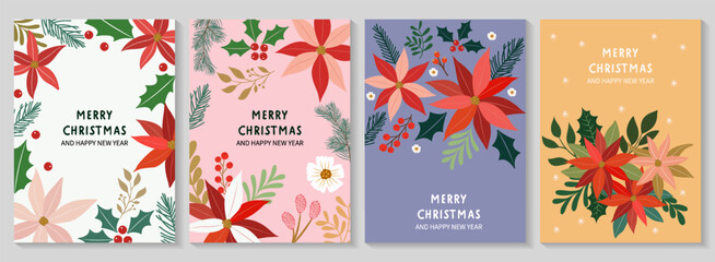 Four New Year-themed Christmas cards, adorned with poinsettias, pine branches, berries, and snowflakes, suitable for New Year's greetings, brand marketing, and holiday packaging design. © yanli