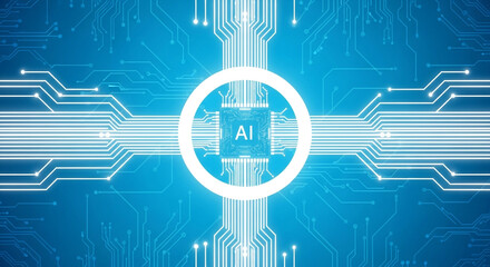 Stunning AI circuit board glows with futuristic intelligence, symbolizing digital innovation and advanced technology in a vibrant blue digital world.