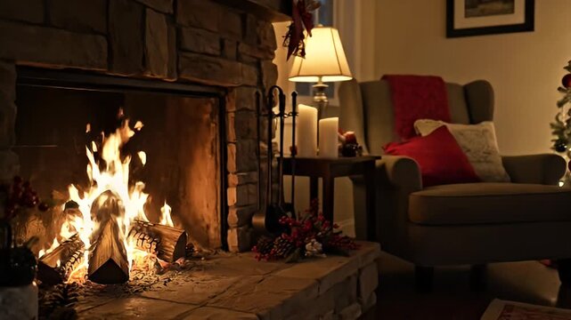 Fireplace with burning logs - Powered by Adobe