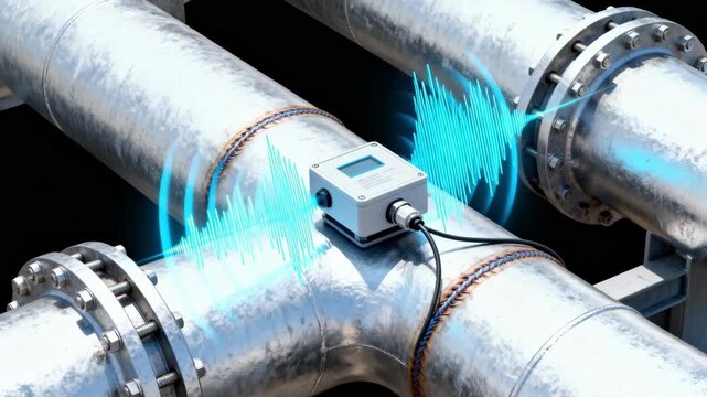 Medium shot of acoustic leak detection sensors capturing sound waves along an industrial pipeline highlighting realtime monitoring and early fault identification