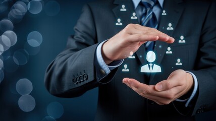 Protecting Talent: A sharp business person tenderly cradles a virtual depiction of the team, safeguarding its value and potential in a supportive display. 