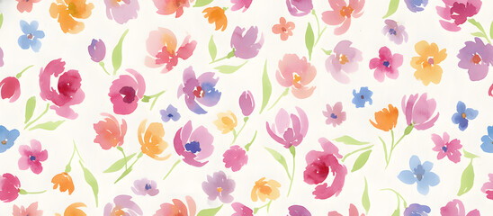 Colorful floral pattern with pink, purple, orange, and blue flowers on a light background