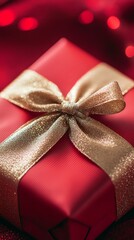 Bright red gift box with shiny gold ribbon ready for special occasion celebration or holiday gathering