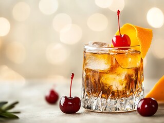 Classic cocktail with ice cube, orange peel and cherry in glass on clean light background with copy space for banner or poster design template
