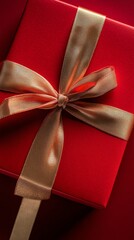 Bright red gift box with shiny gold ribbon ready for special occasion celebration or holiday gathering