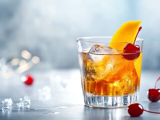 Classic cocktail with ice cube, orange peel and cherry in glass on clean light background with copy space for banner or poster design template