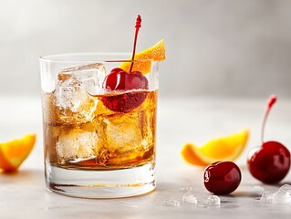 Classic cocktail with ice cube, orange peel and cherry in glass on clean light background with copy space for banner or poster design template