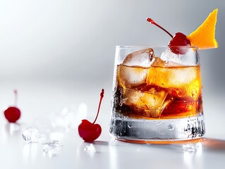 Classic cocktail with ice cube, orange peel and cherry in glass on clean light background with copy space for banner or poster design template