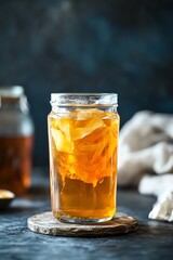 Fermented kombucha tea with floating SCOBY in clear glass on a bright background, showcasing probiotic culture in creative beverage concept Ai generative