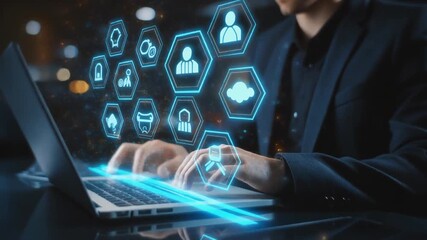 Businessman working on laptop with digital icons representing data security and cloud computing. - Powered by Adobe