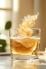 Fermented kombucha tea with floating SCOBY in clear glass on a bright background, showcasing probiotic culture in creative beverage concept Ai generative