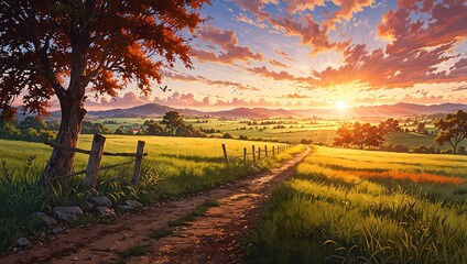 Vibrant anime landscape of a peaceful country path at golden hour sunset with a majestic autumn tree and rolling hills.