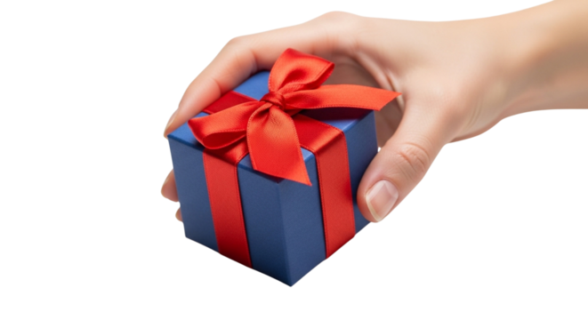 Hand holding a small blue and red striped gift box with a red ribbon bow isolated on transparent background