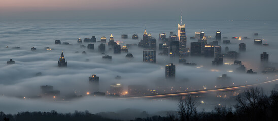 City skyline emerging from thick fog during early dawn with buildings shrouded in mist above the ground
