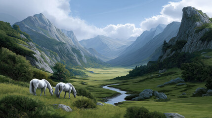Fototapeta premium Majestic mountains surround serene valley with two white horses grazing peacefully near winding river. tranquil landscape evokes sense of calm