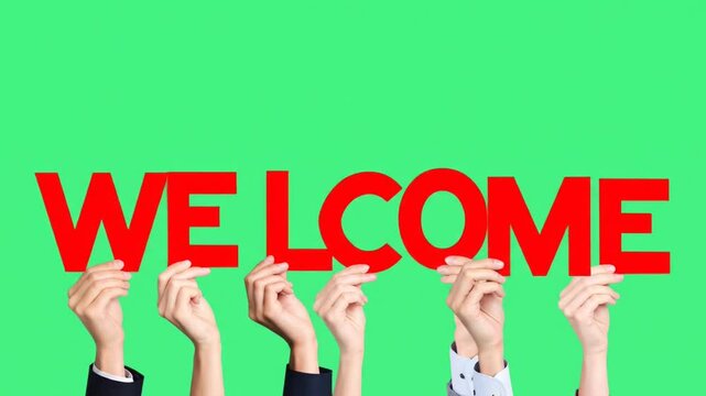 Professional Hands Holding Red WELCOME Letters Green Screen Greeting Message New Member Introduction Concept