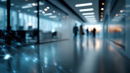 Modern office corridor with blurred business professionals walking, illuminated by futuristic lighting. Abstract digital network connections overlay the scene, symbolizing innovation and technology - Powered by Adobe