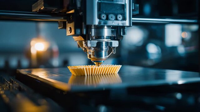 Medium shot of a 3D printer crafting a detailed plastic packaging prototype highlighting the precision and texture of the model in a futuristic workspace.