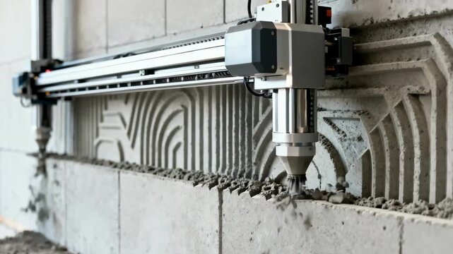 Medium shot of intricate wall structure forming layer by layer as concrete printer robot moves steadily illustrating breakthrough in sustainable and accurate building methods.