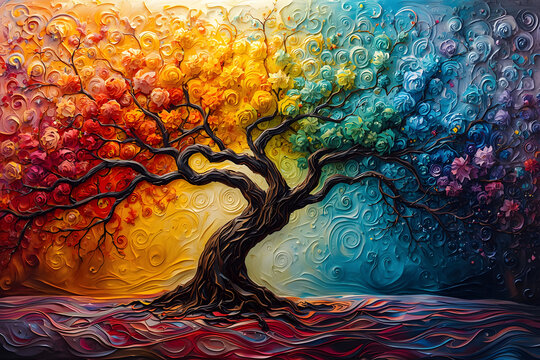 Rainbow Season Tree Painting in Modern Abstract Art wall decor
