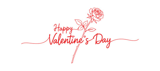 Happy Valentine's Day handwritten note, postcard featuring a rose flower. continuous single line art sketch, logo