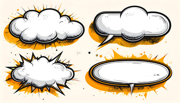 Set of four comic book style speech and thought bubbles with pop art explosion and spray paint effects