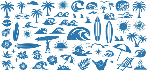 Vector illustrations of beach elements, including waves, palm trees, sun, surfboards, and ocean scenery