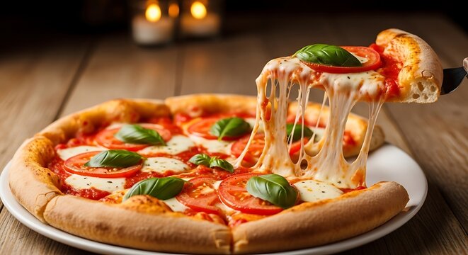 Fresh tomato and basil pizza with melted cheese served on white plate
