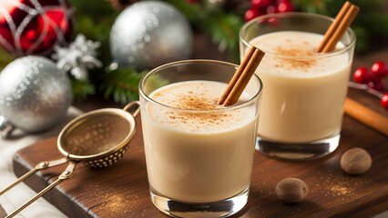 Festive Holiday Eggnog with Cinnamon Sticks and Christmas Decorations Scene